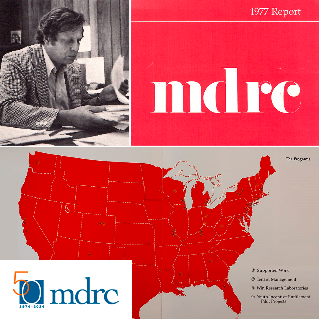 Images of an MDRC employee in 1979 as well as from an early MDRC report with a map of the US