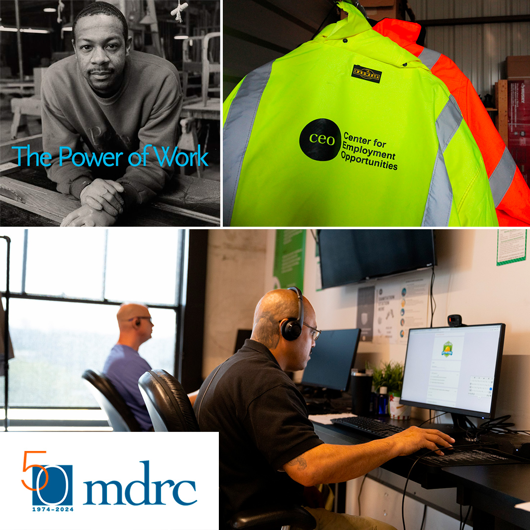 Collage showing men being helped by the Center for Employment Opportunities, plus work jackets with the CEO logo