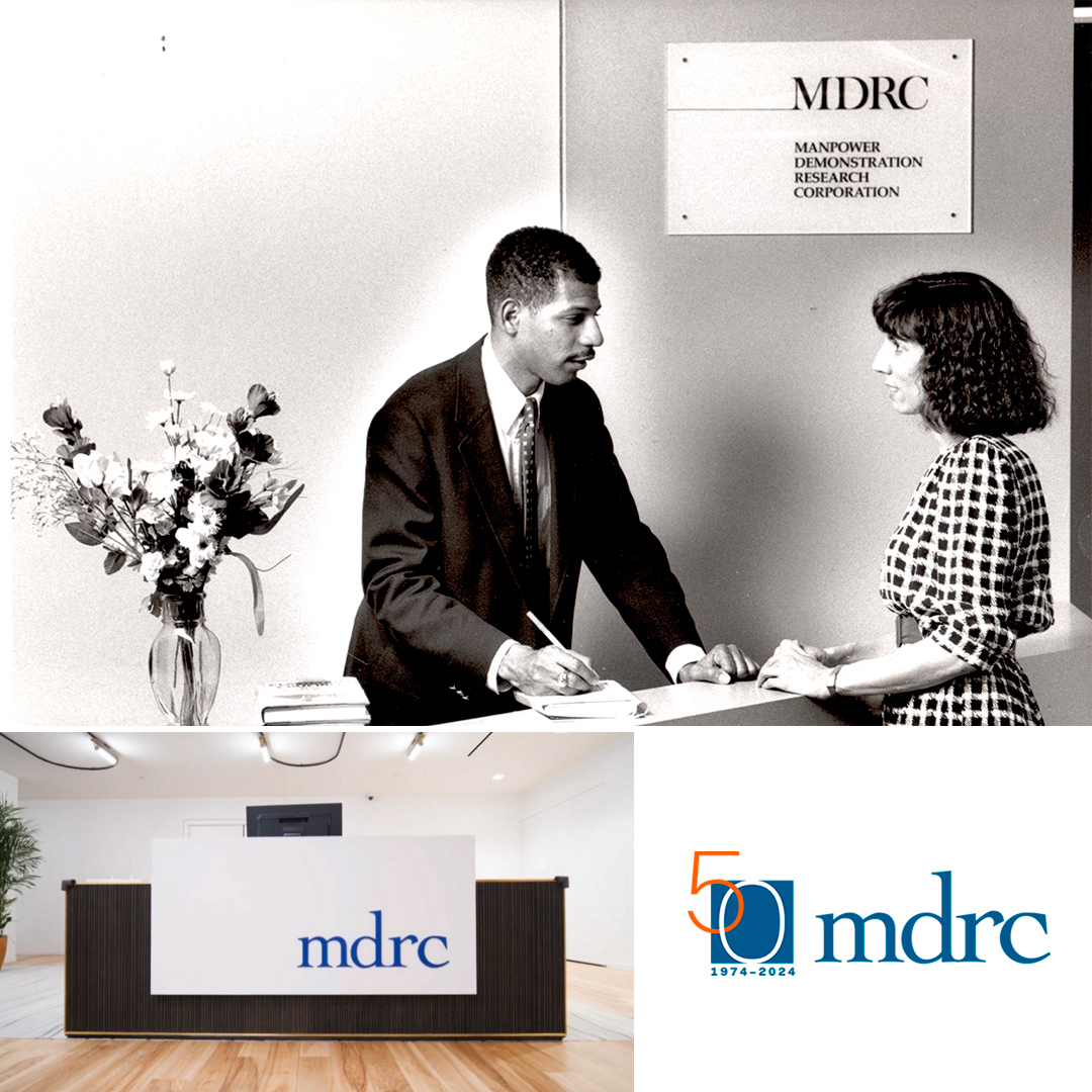 Image of old MDRC office with full name spelled out and contemporary office with new name on a sign
