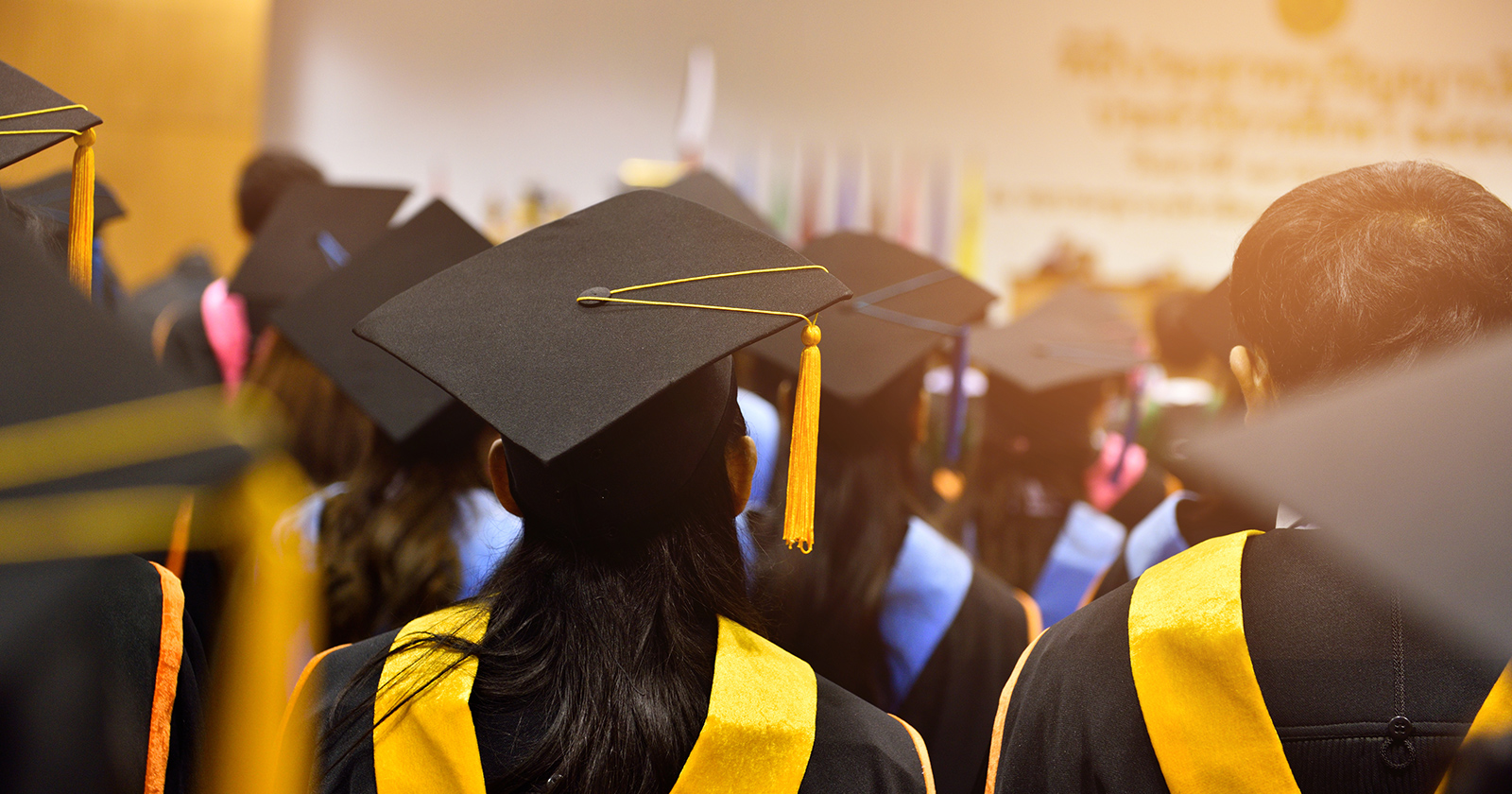 College graduates shown from behind at graduation ceremony