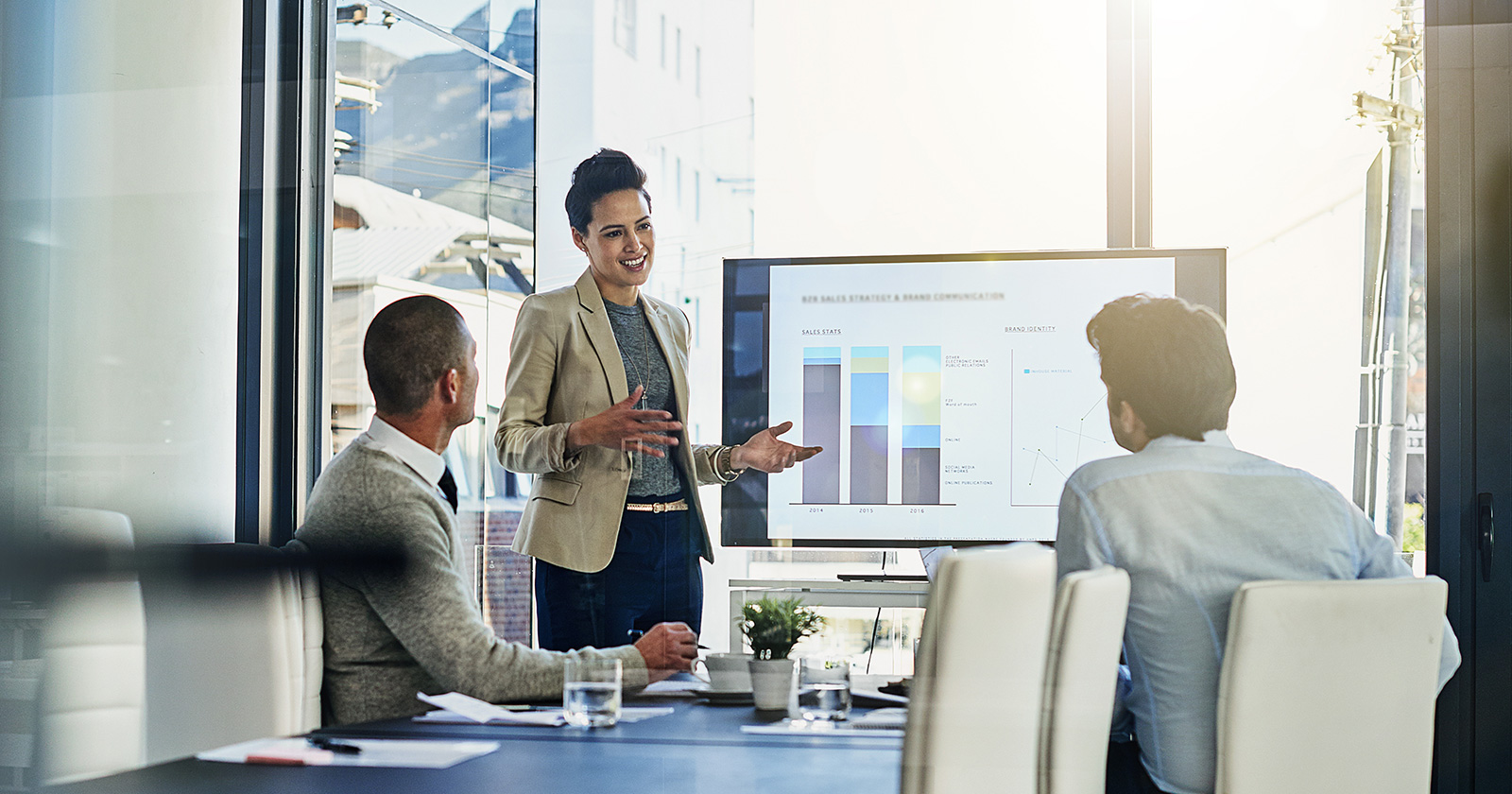 Woman presents data to a small team
