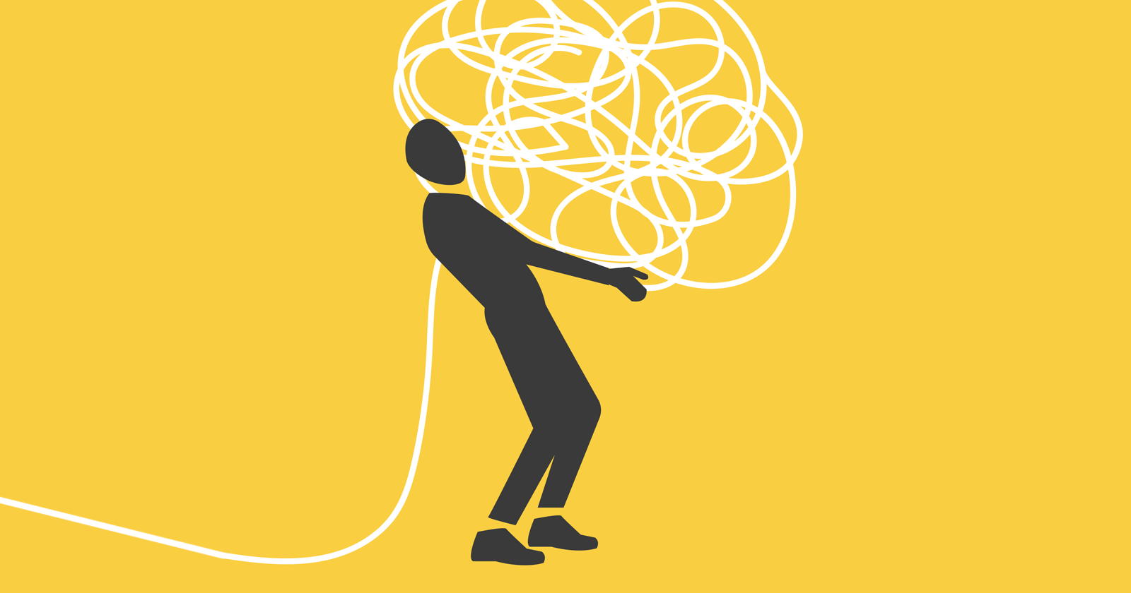 Illustration of a man carrying a messy ball of twine against a yellow background