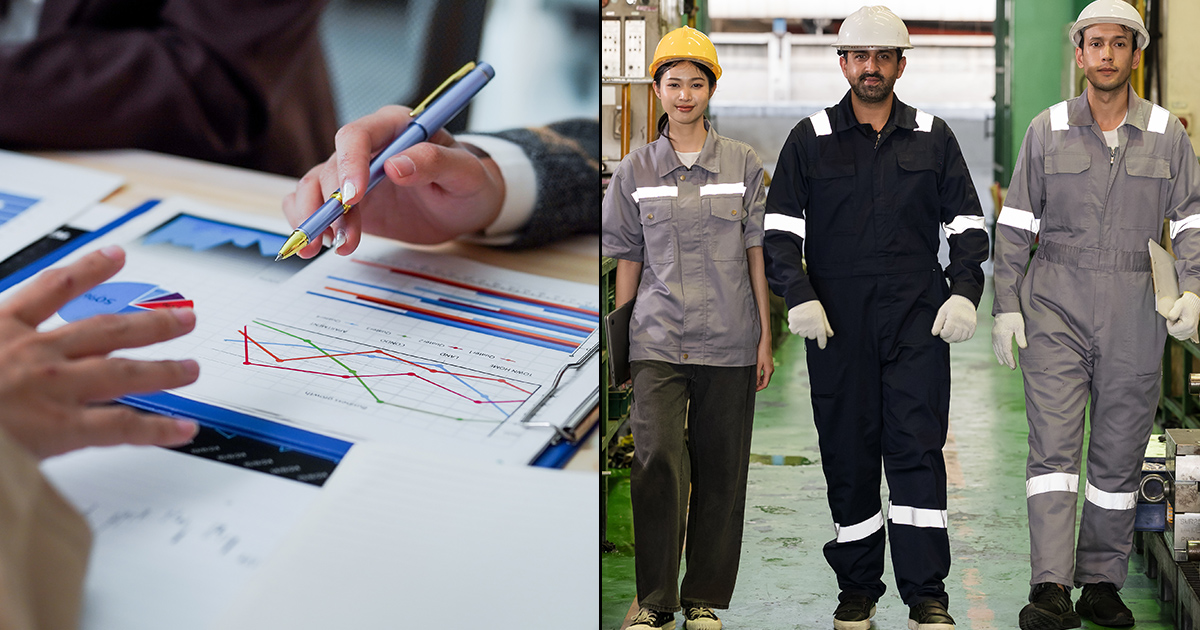 collage of two photos. on first one people discussing a graph. on the second. three people in work robes in industrial setting.