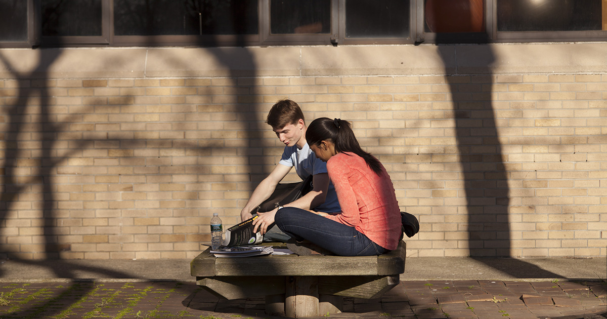 Two college students studying on a campus bench 