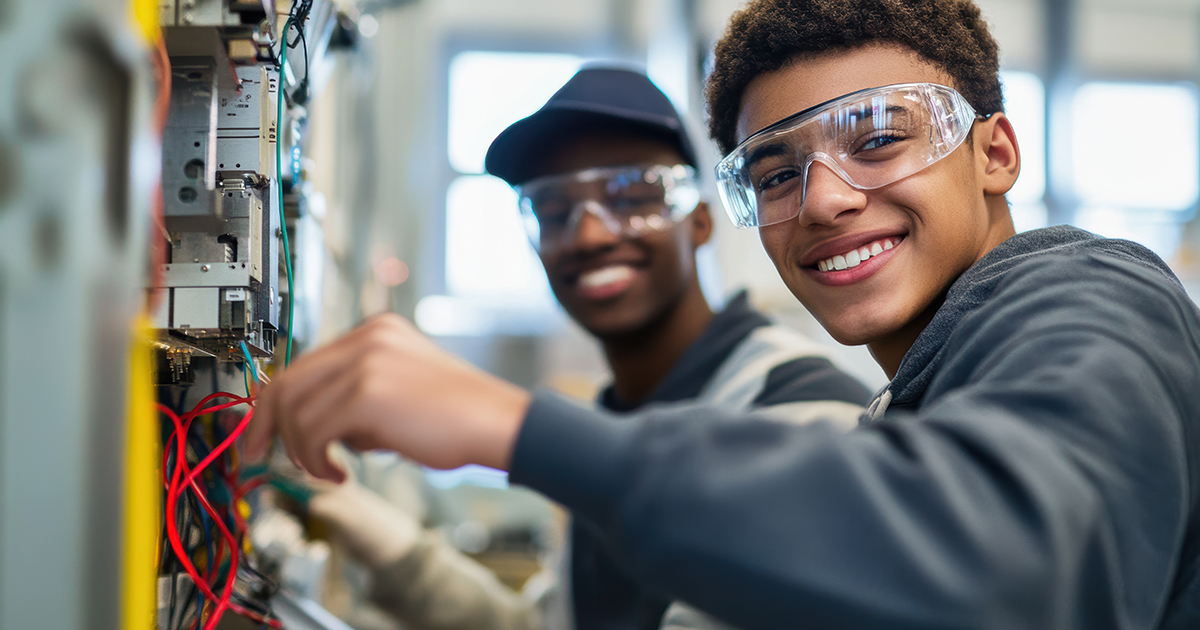 Young technicians working together on electrical equipment at a vocational school or workshop for future careers.