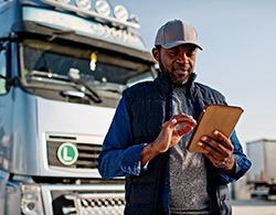 A truck driver checks information on a tablet while standing near his 18-wheeler