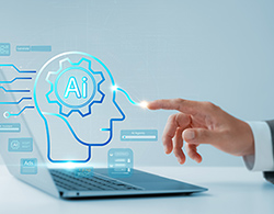 A finger with a beam of light connects to an illustration of a head with "AI" inside it