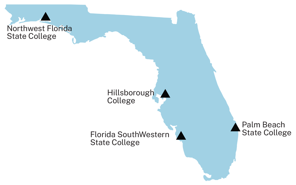 Map showing locations of four community colleges in Florida