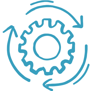 Illustrated light blue icon of a gear with arrows showing clockwise motion