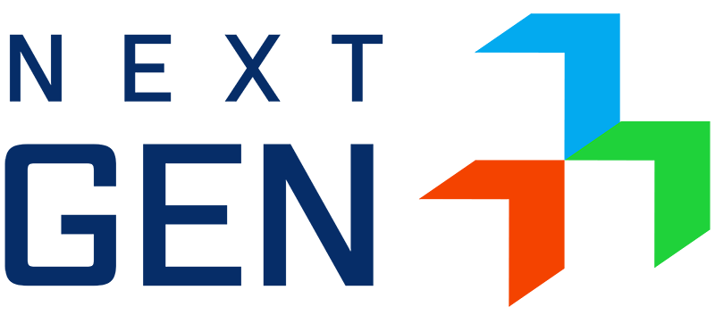 NextGen logo, which features an illustration of three steps in blue, green, and red