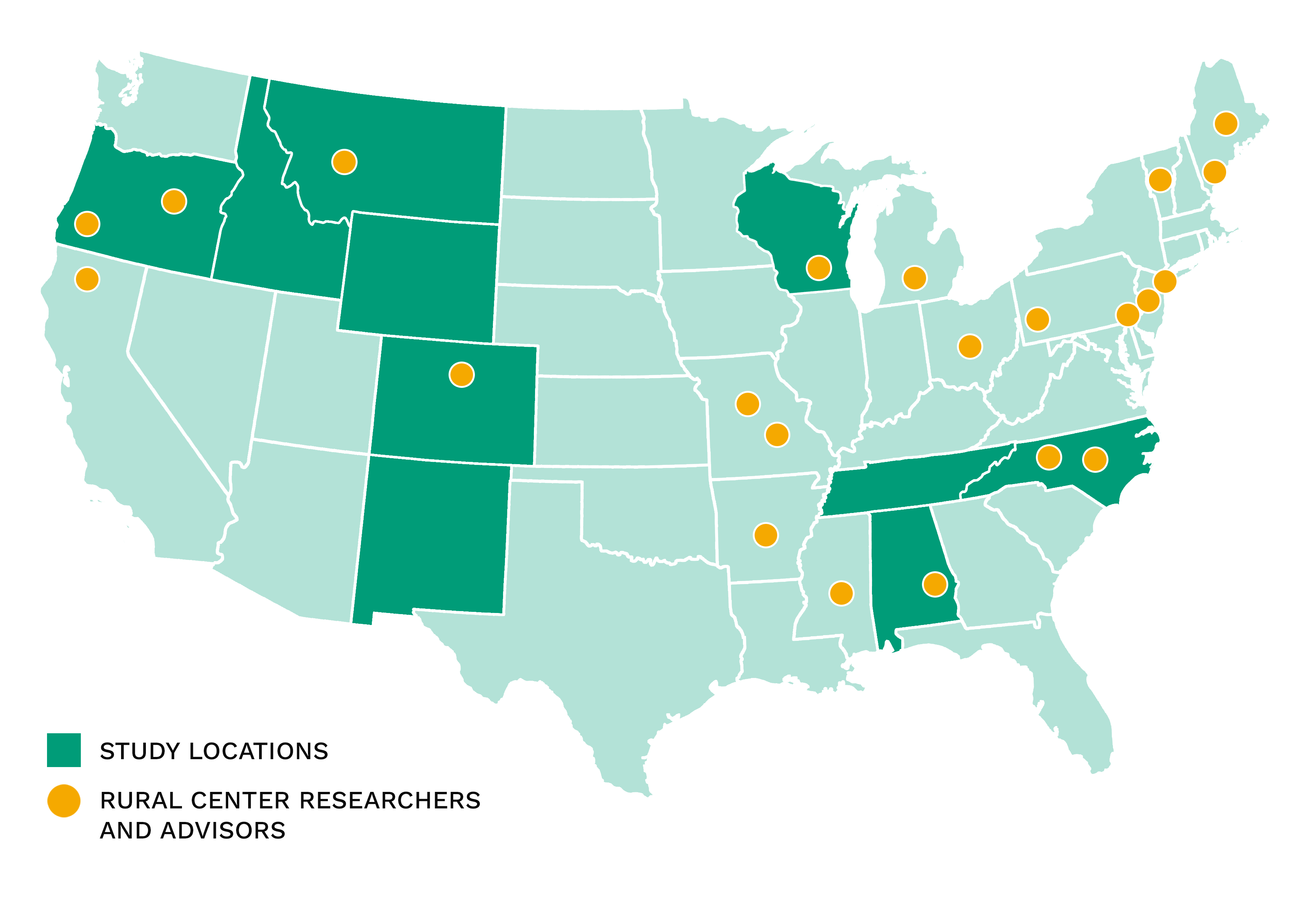 US map highlighting locations of studies and rural center researchers and advisors
