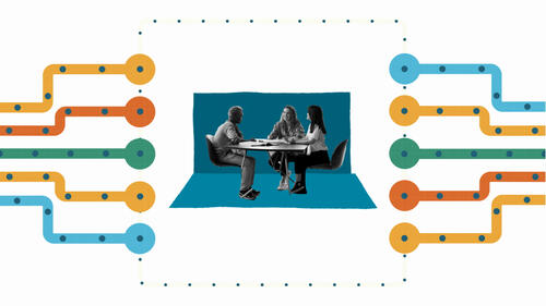 Colorful graphic showing a small team meeting, surrounded by lines that suggest a network