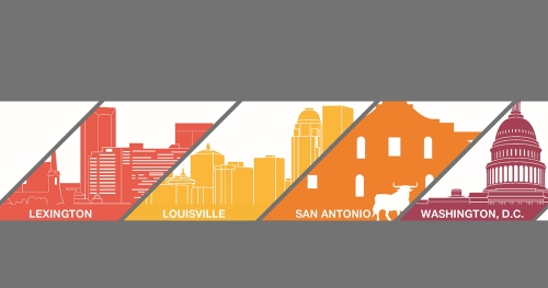 Red, yellow, orange, and magenta illustrations of cities