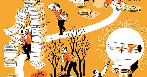 Orange illustration of a student's path to graduation