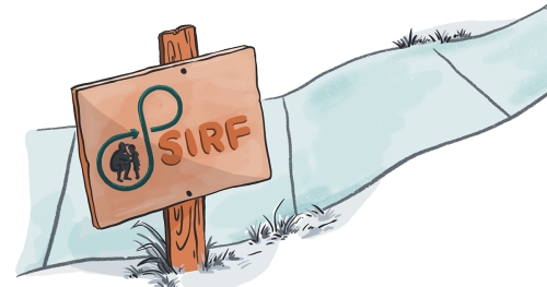 Illustrated sign reading SIRF posted along a sidewalk