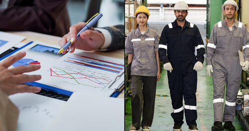 collage of two photos. on first one people discussing a graph. on the second. three people in work robes in industrial setting.