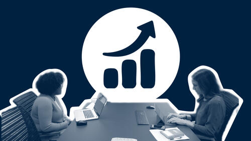 Illustration of people at a desk looking at a bar chart showing an increase