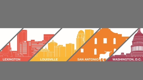 Red, yellow, orange, and magenta illustrations of cities