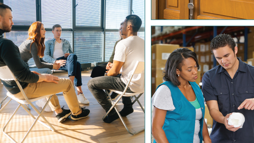 Collage showing a counseling session and a woman learning a task in the workplace