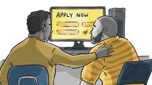 Illustration of a man helping a job applicant with an online application
