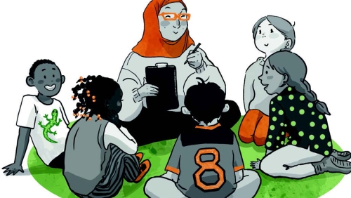 an illustration of a teacher with kids