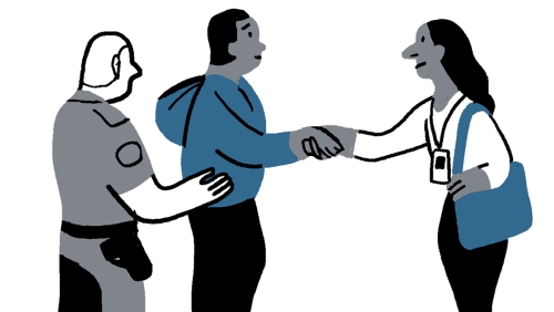 an illustration of two men shaking hands and a police man