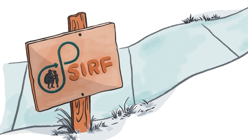Illustrated sign reading SIRF posted along a sidewalk