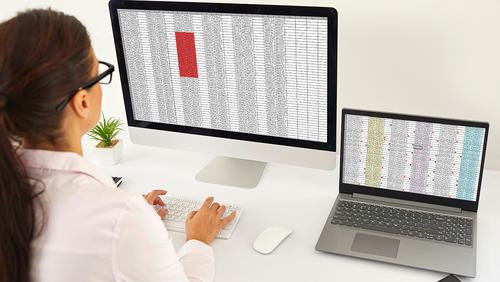 a women in fron of the monitor and computer looking at the data.
