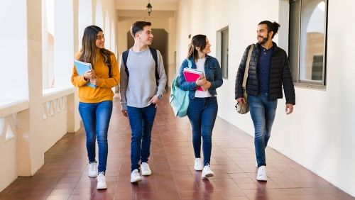Diverse group of college students walking together