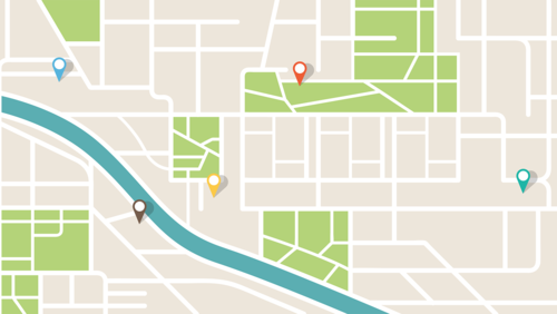 Illustration of a neighborhood map with colored markers in different locations