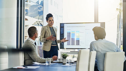 Woman presents data to a small team