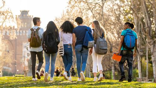 Rear view of college students walking outside 