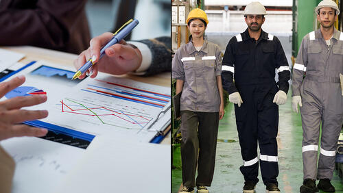 collage of two photos. on first one people discussing a graph. on the second. three people in work robes in industrial setting.