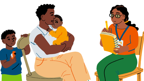illudytsyion og woman talking to a parent with kids