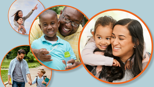 four images of mother of father with a child