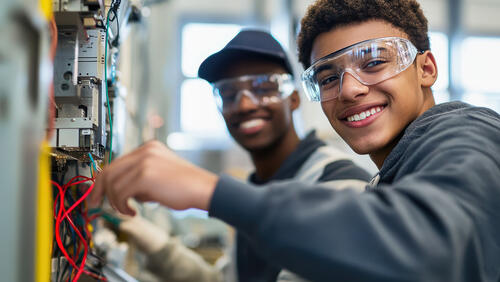 Young technicians working together on electrical equipment at a vocational school or workshop for future careers.