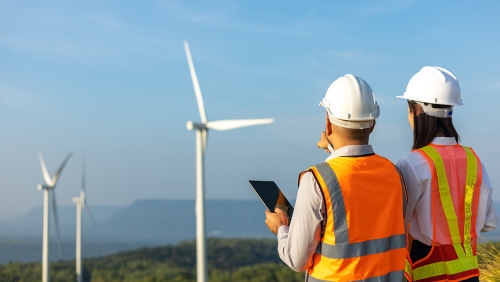 Two engineers surveying a windmill farm