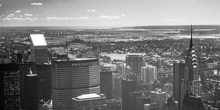 Black and white skyline of NYC from the 1970s