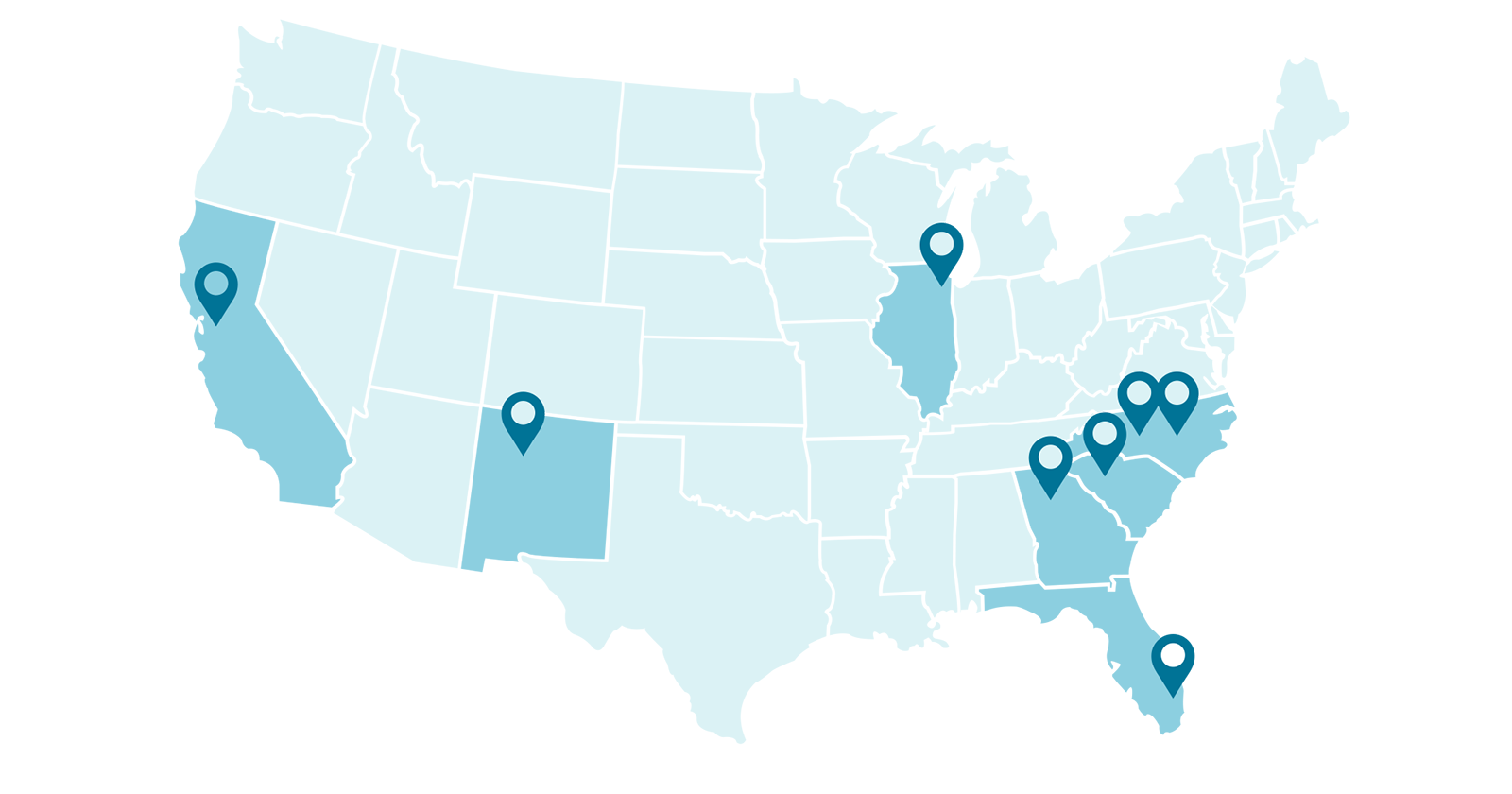 Map showing states where the program has been implemented: California, New Mexico, Georgia, Florida, South Carolina, North Carolina, and Illinois