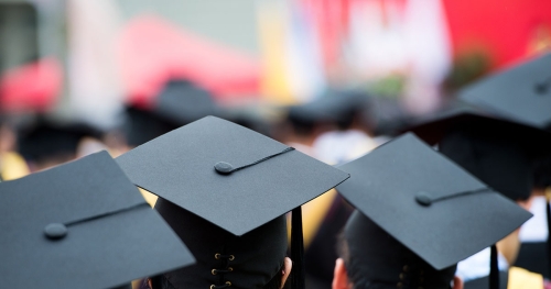 Many students' graduation caps