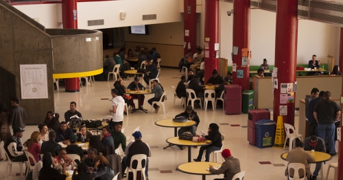 Groups of students in school cafeteria