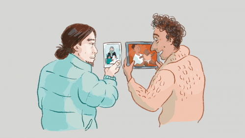 Illustration of two men looking at photos of their children together