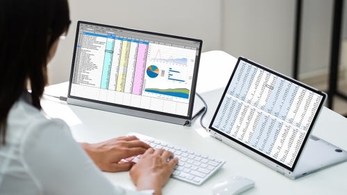 Woman reviewing spreadsheets on two screens