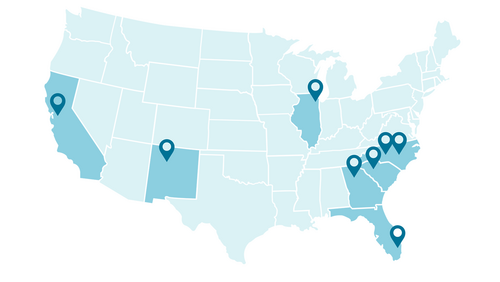 Map showing states where the program has been implemented: California, New Mexico, Georgia, Florida, South Carolina, North Carolina, and Illinois